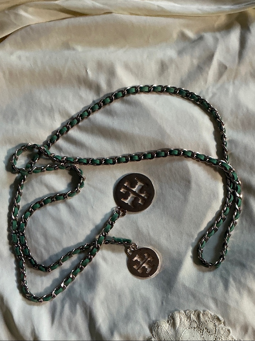 Tory Burch Green Leather-Threaded Gold Logo Chain Belt